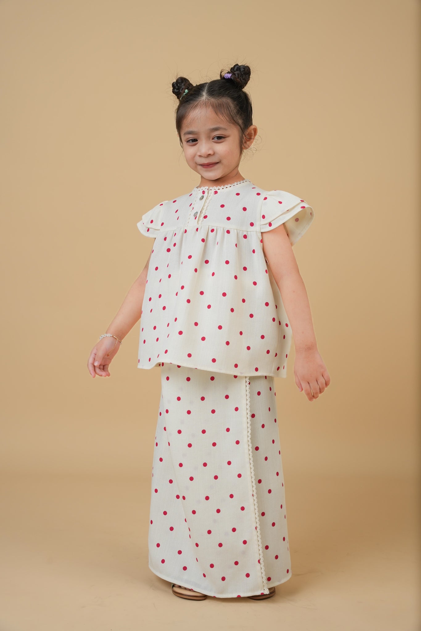 Safiyyah Kids Kurung in Cream with Red Polka