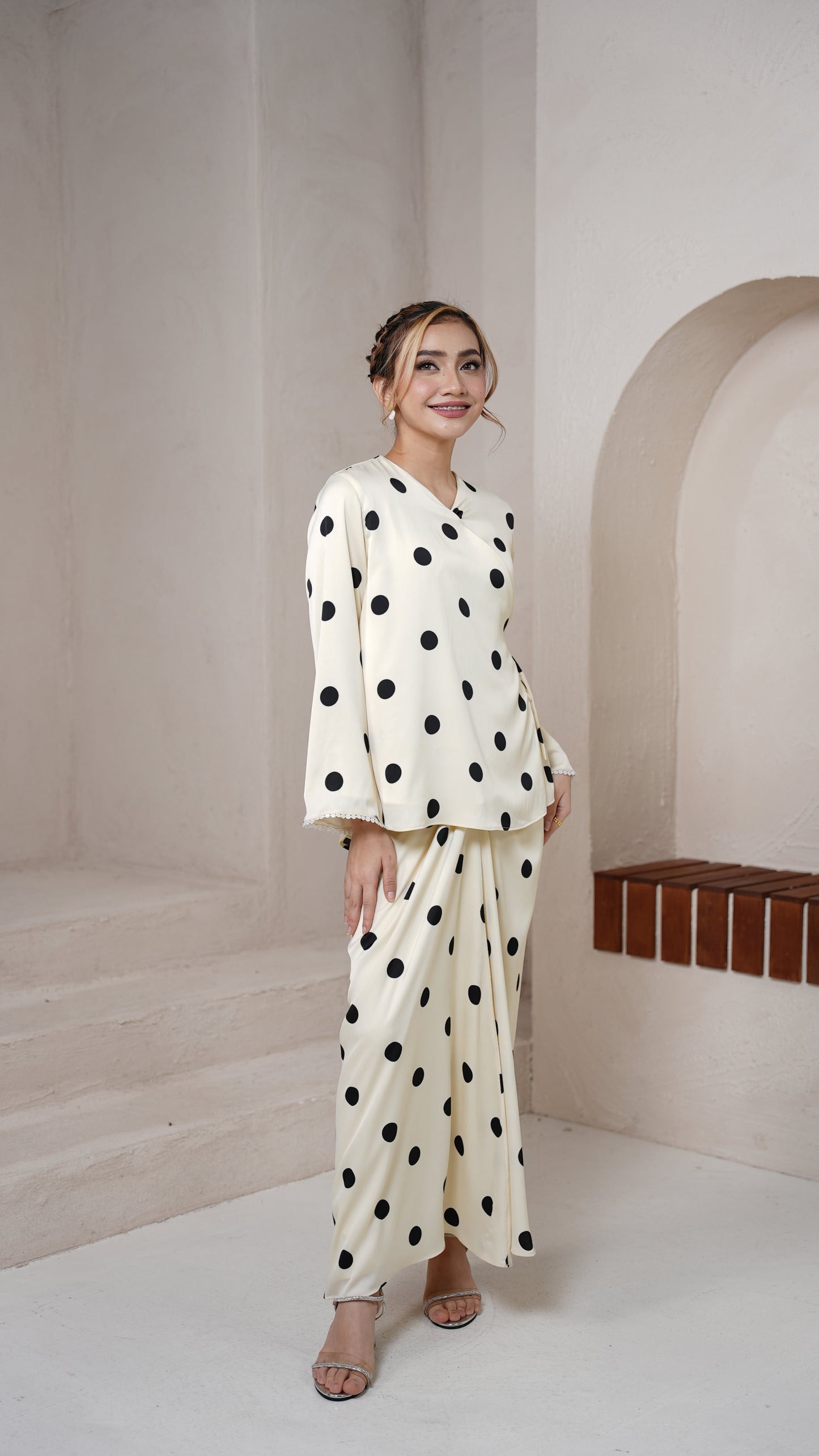 Saloma Kurung in Cream Polka
