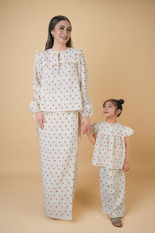 Safiyyah Kids Kurung in Cream with Red Polka