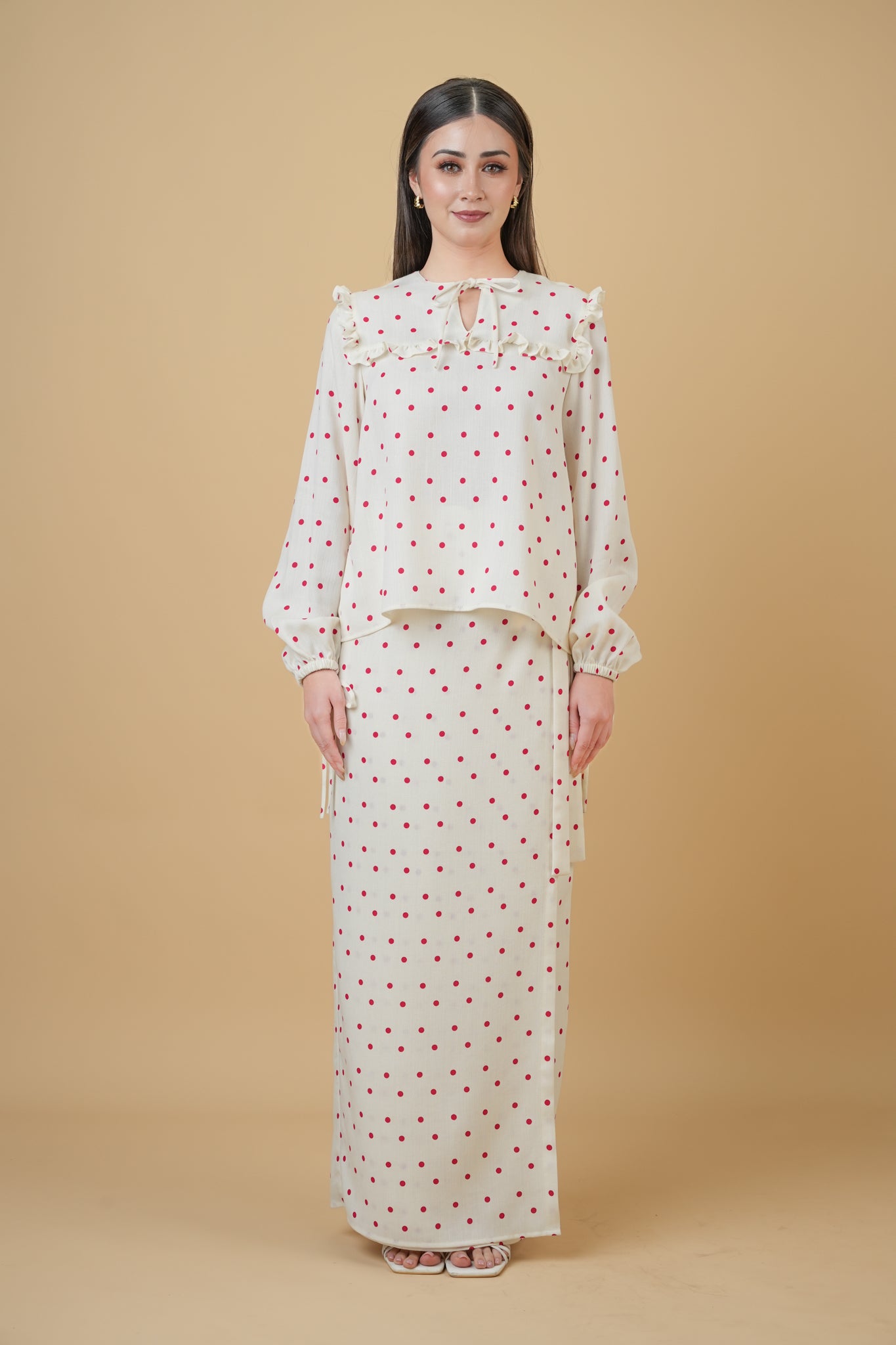 Nazili Kurung in Cream with Red Polka
