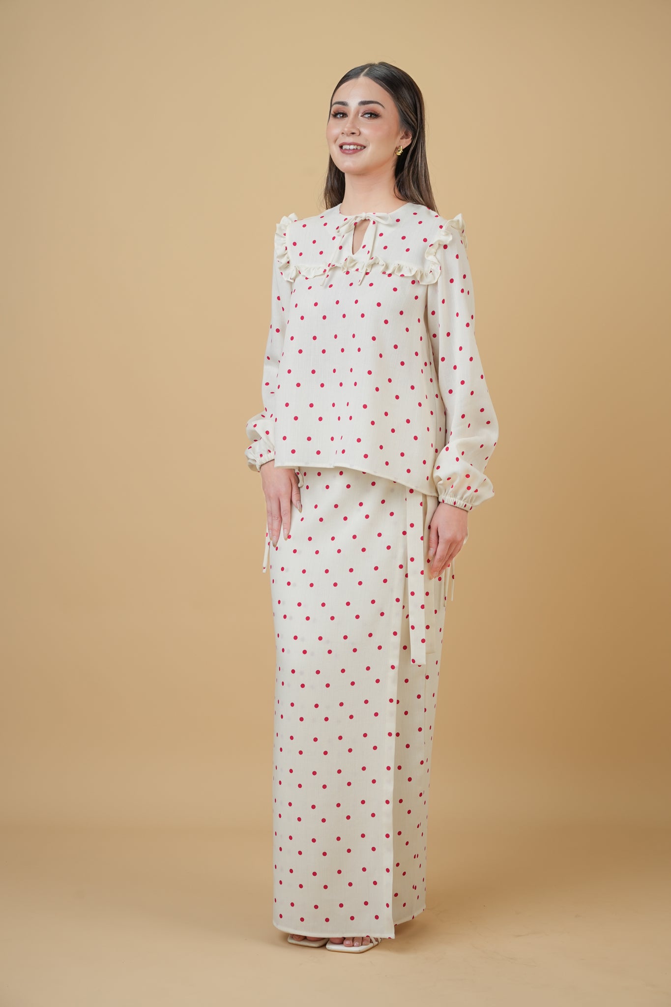 Nazili Kurung in Cream with Red Polka