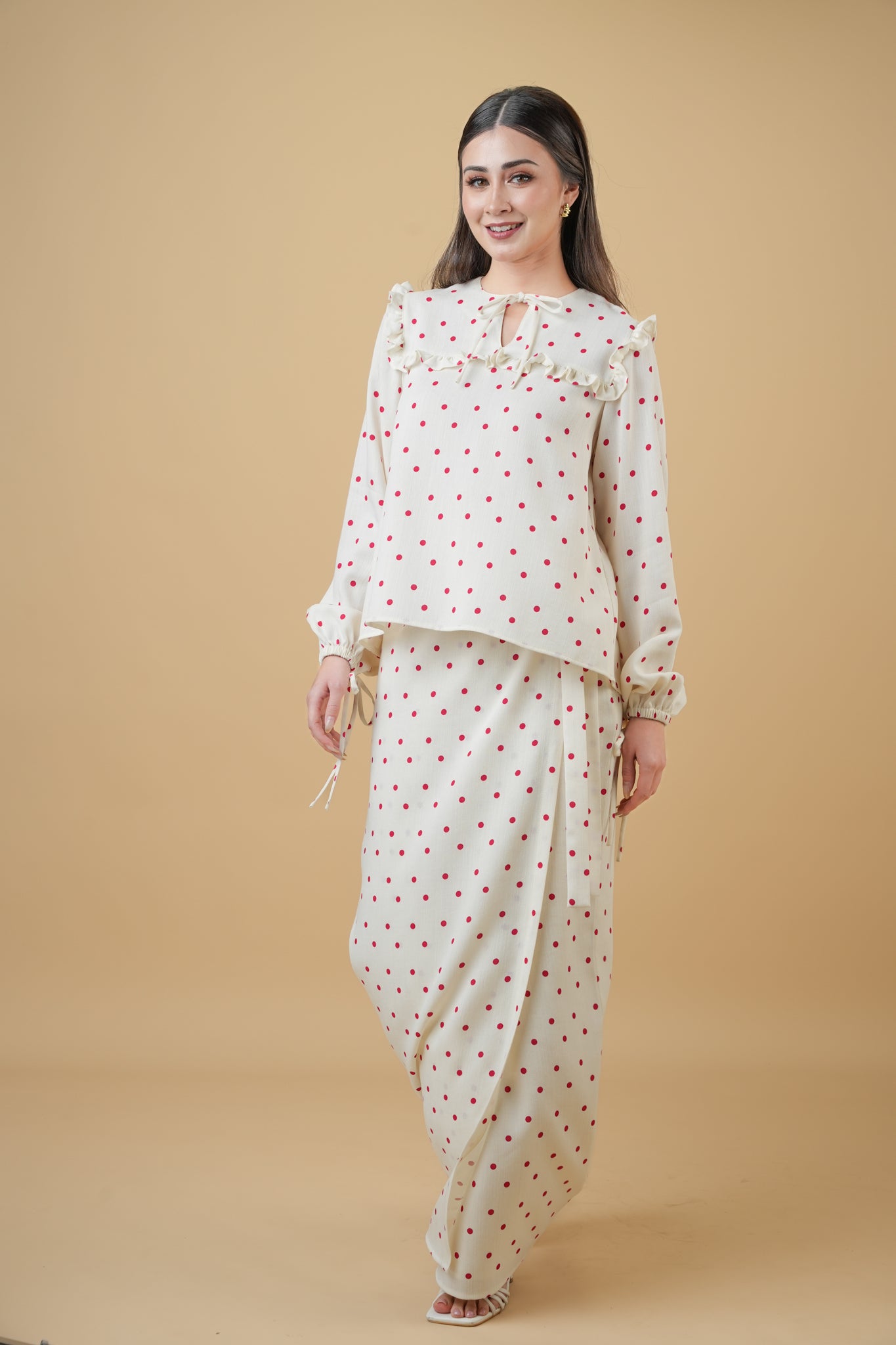 Nazili Kurung in Cream with Red Polka