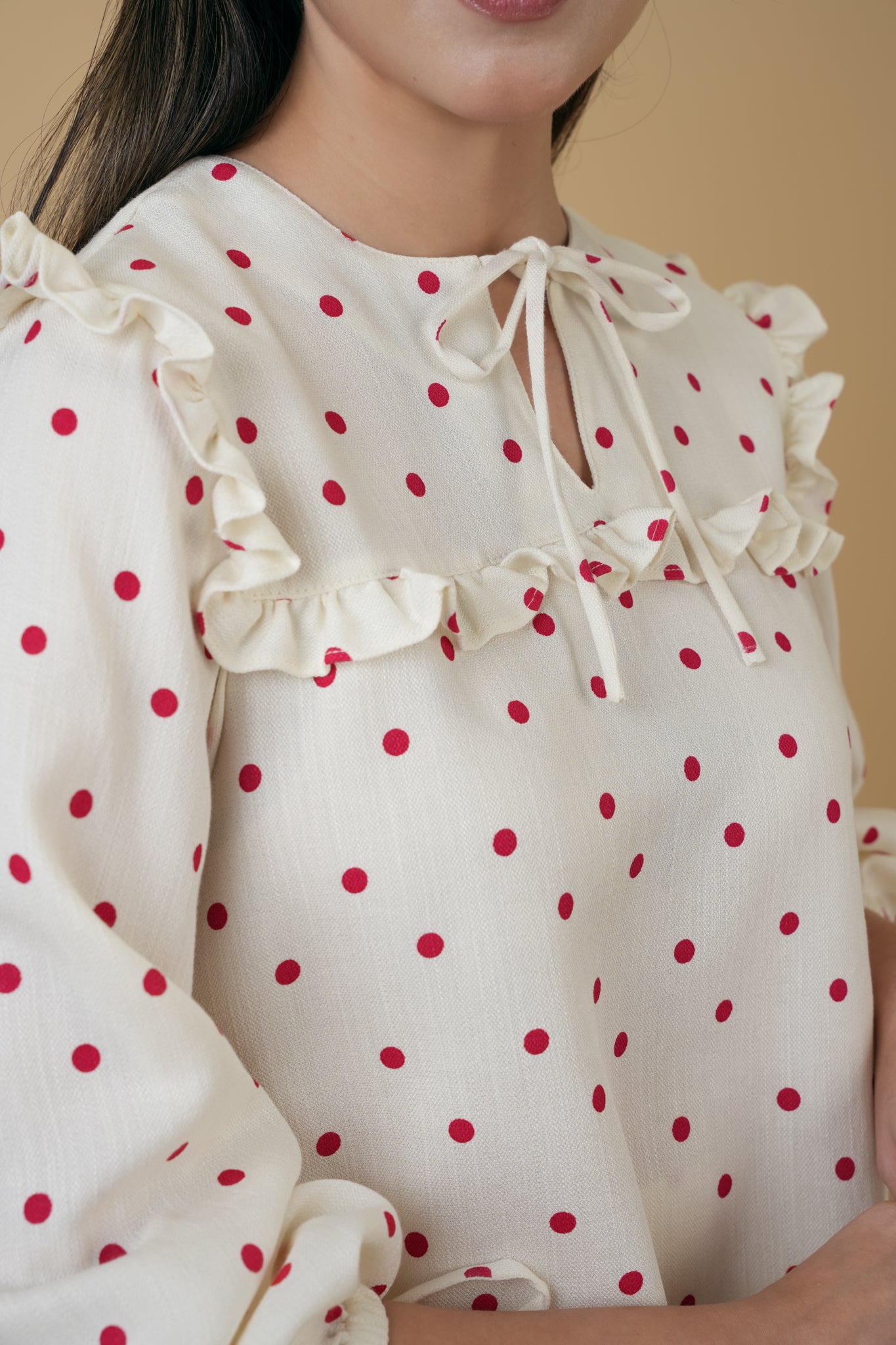 Nazili Kurung in Cream with Red Polka