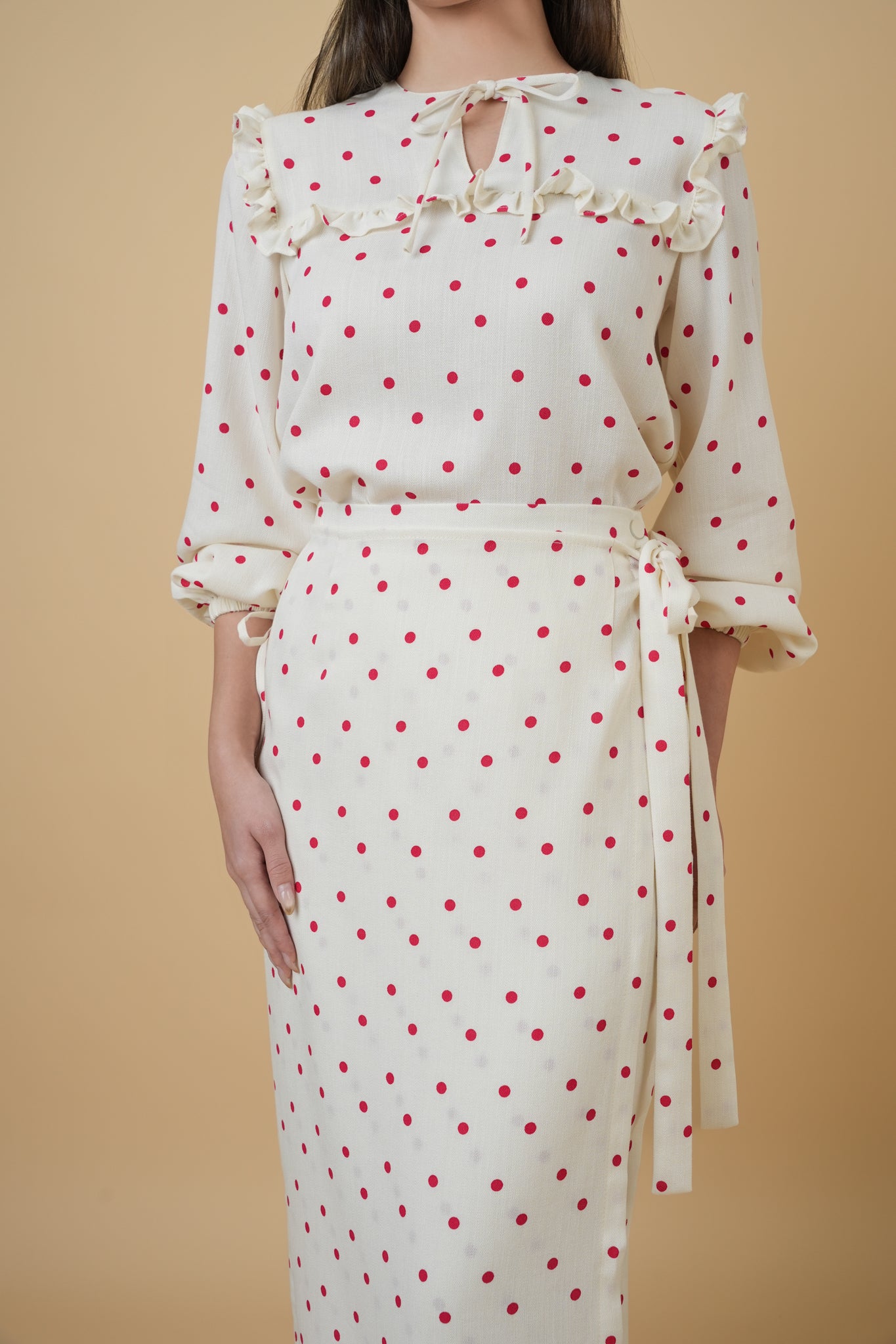 Nazili Kurung in Cream with Red Polka
