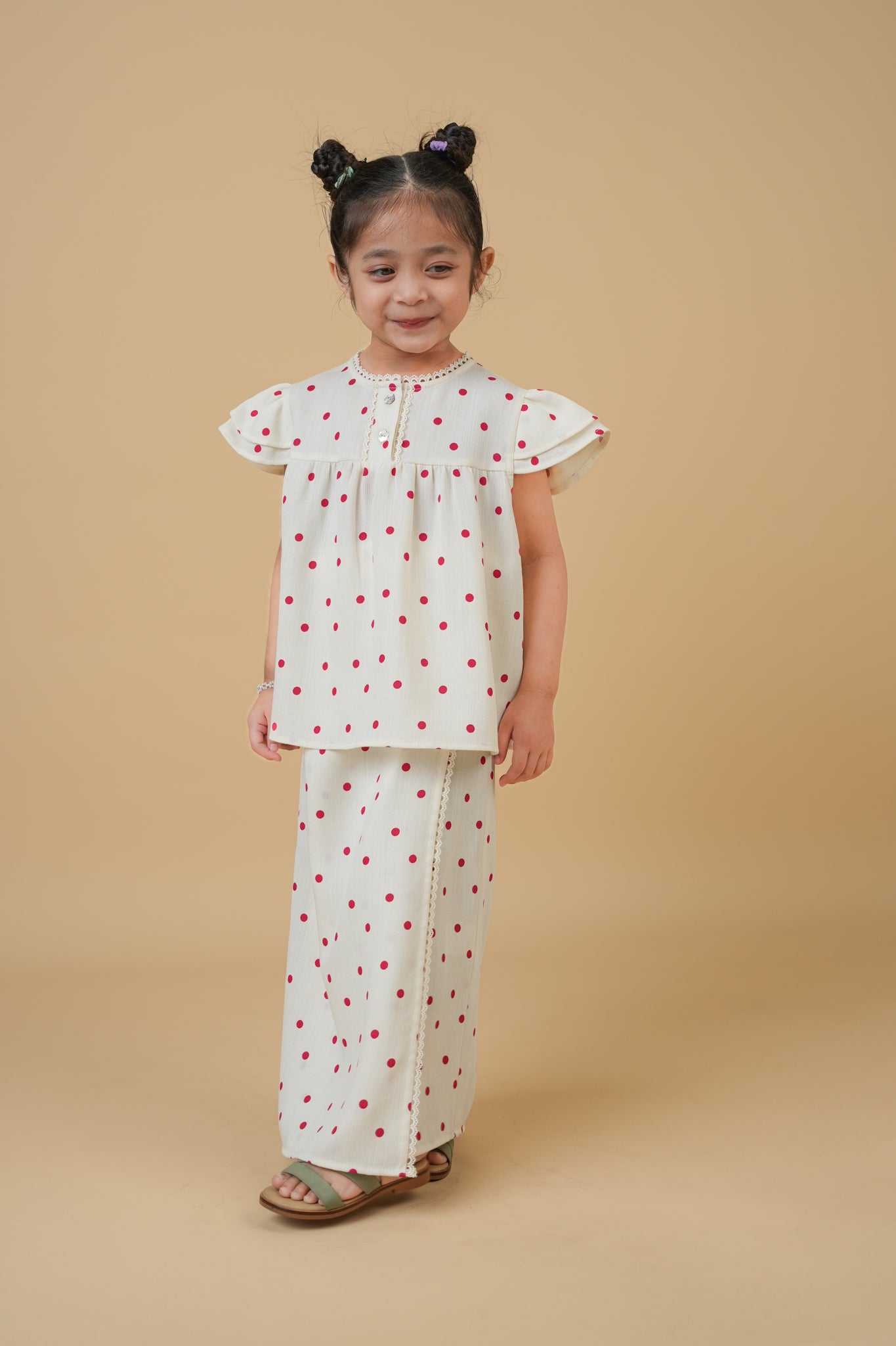 Safiyyah Kids Kurung in Cream with Red Polka