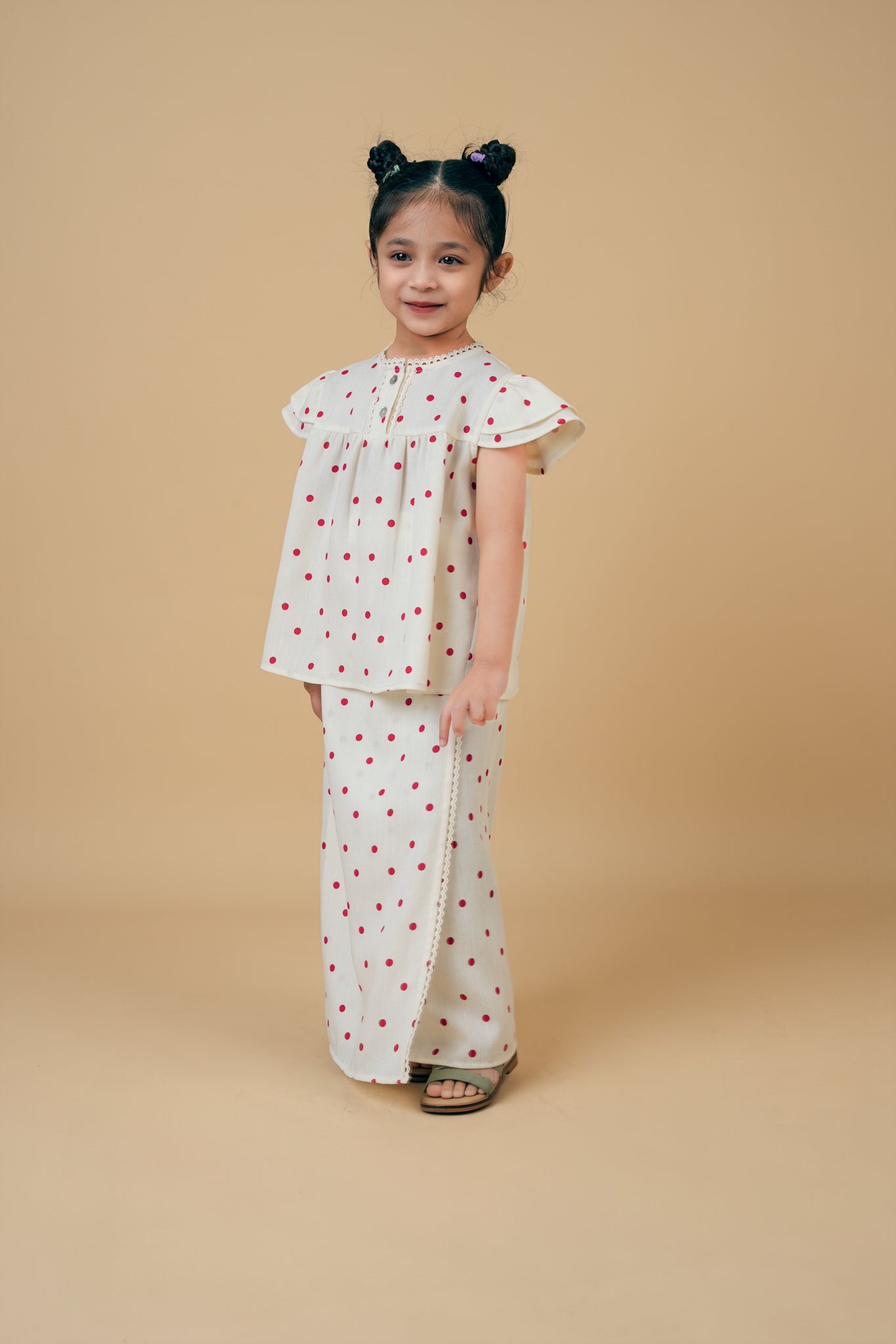 Safiyyah Kids Kurung in Cream with Red Polka