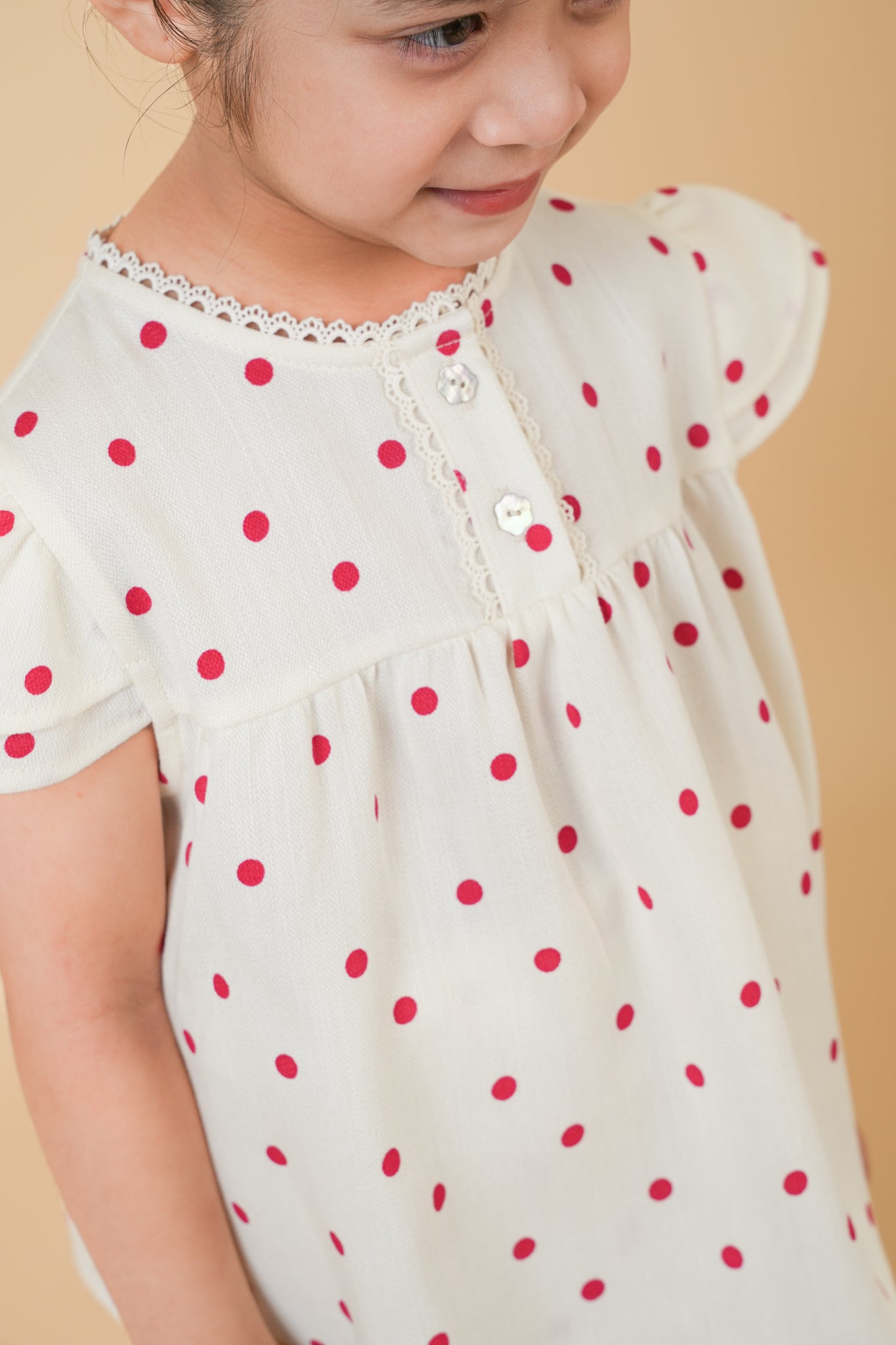Safiyyah Kids Kurung in Cream with Red Polka