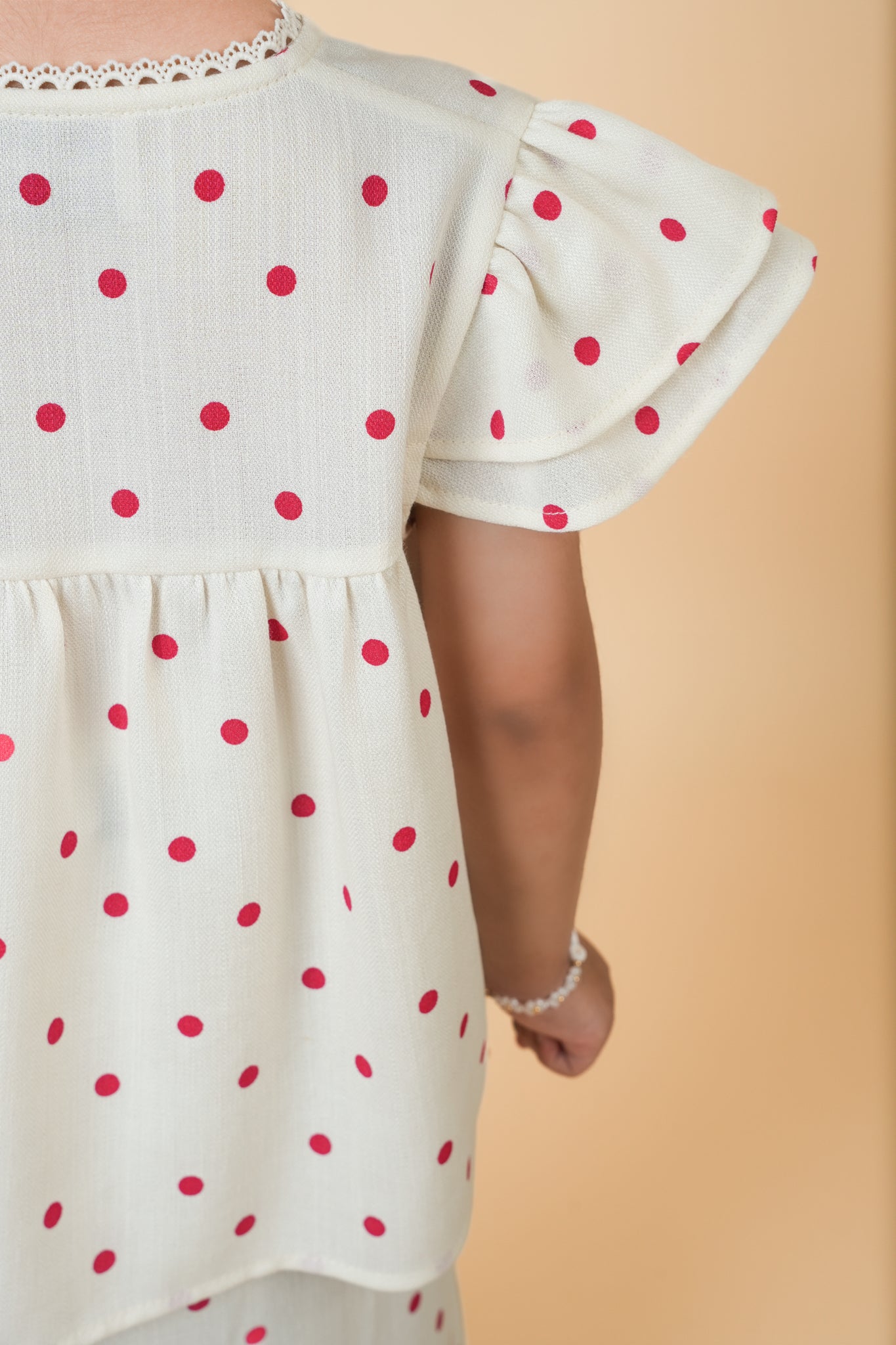 Safiyyah Kids Kurung in Cream with Red Polka
