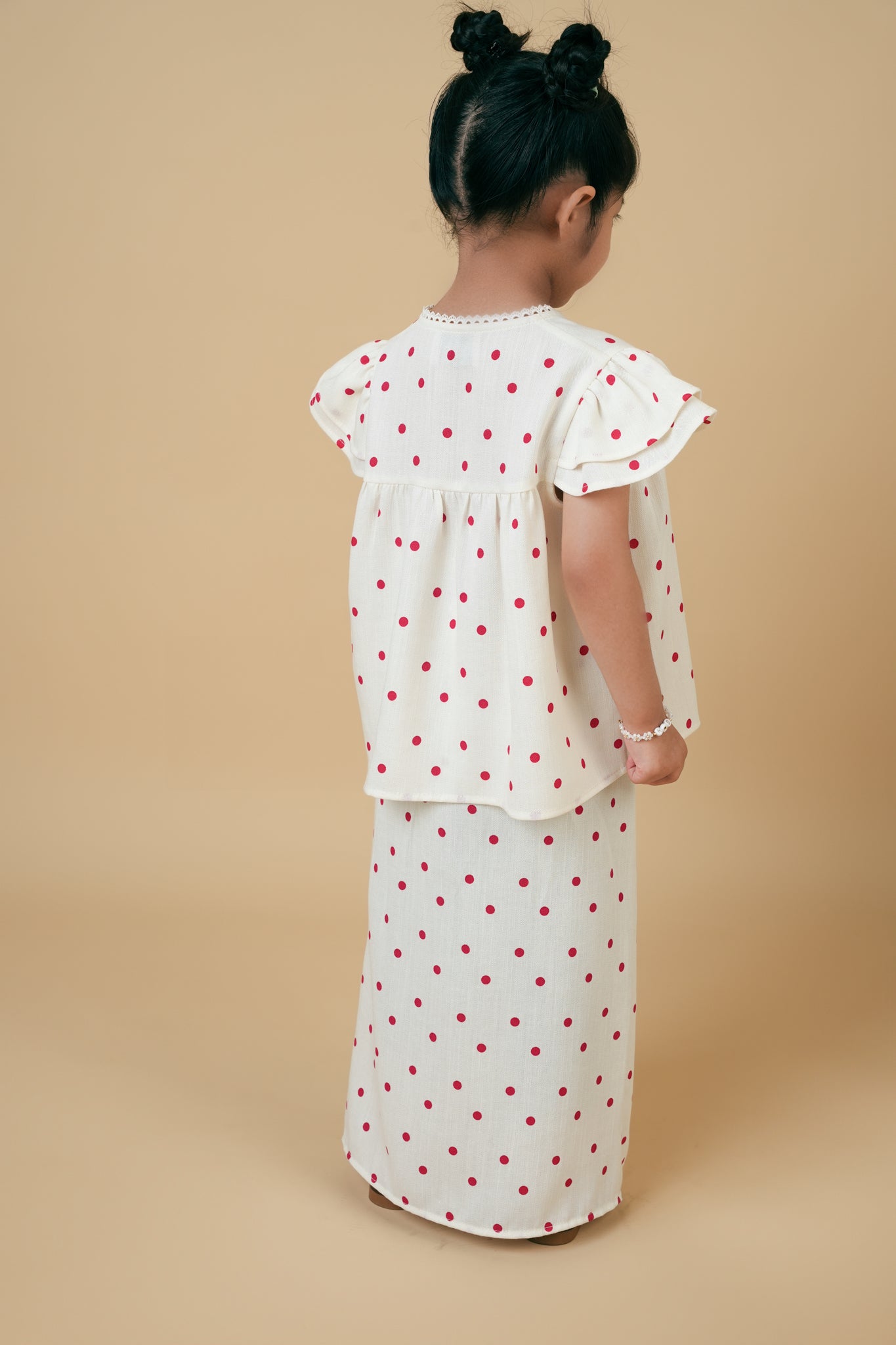 Safiyyah Kids Kurung in Cream with Red Polka