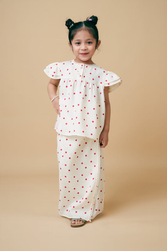 Safiyyah Kids Kurung in Cream with Red Polka