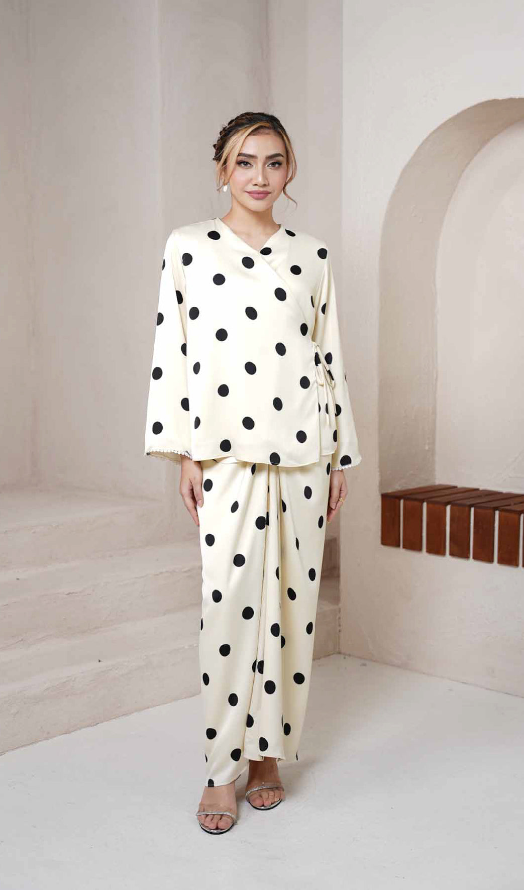 Saloma Kurung in Cream Polka