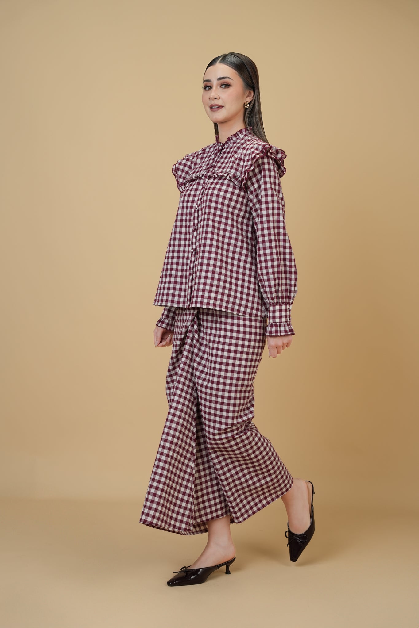 Shamin Checkered Kurung in Maroon