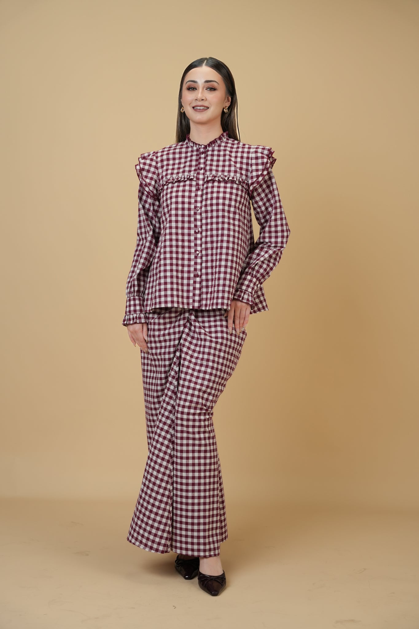 Shamin Checkered Kurung in Maroon