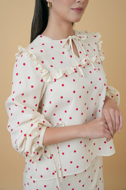 Nazili Kurung in Cream with Red Polka